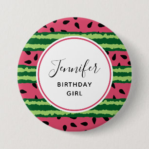 誕生日ガールかわいいスイカパターンピンク&グリーン 缶バッジ