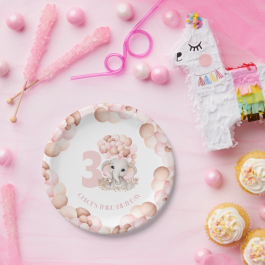 誕生日ガールかわいい象ピンクの風船 ペーパープレート (パーティー)