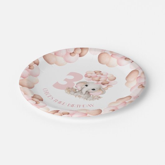 誕生日ガールかわいい象ピンクの風船 ペーパープレート (アングル)