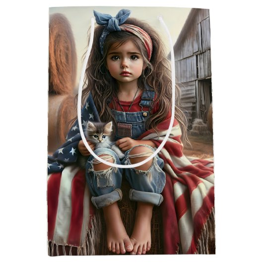 誕生日ガールとアメリカ国旗と子猫 ミディアムペーパーバッグ (正面)