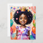 誕生日ガールとブラウンスキンプリンセスアート インビテーションポストカード (正面/裏面)