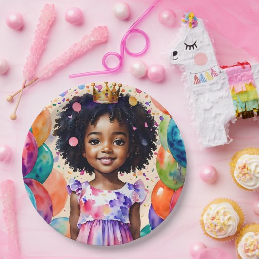 誕生日ガールとブラウンスキンプリンセスアート ペーパープレート (パーティー)