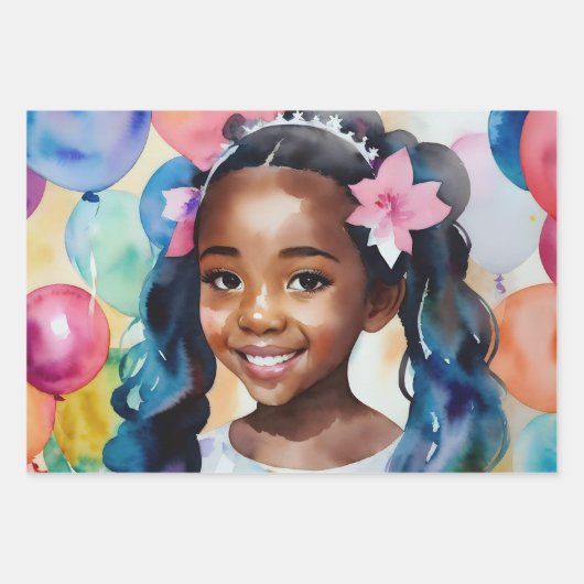 誕生日ガールとブラウンスキンプリンセスアート ラッピングペーパーシート (正面3)