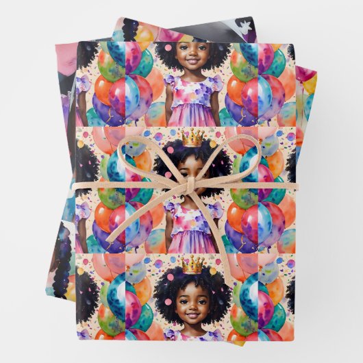 誕生日ガールとブラウンスキンプリンセスアート ラッピングペーパーシート (インサイチュ)