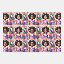 誕生日ガールとブラウンスキンプリンセスアート ラッピングペーパーシート