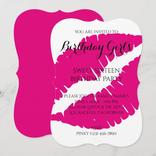 誕生日ガールのスイート16 ホットピンク口紅 招待状 (正面/裏面)