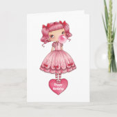 誕生日ガールのピッグテールロリータドレスのピンクのバブル カード (正面)