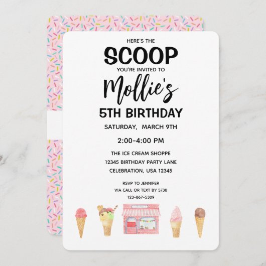 誕生日ガールアイスクリームコーンピンクパーティの招待状 招待状 (正面/裏面)