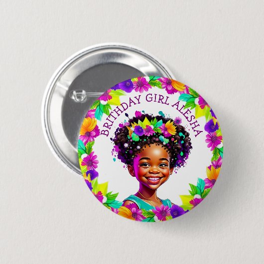 誕生日ガールアフリカンアメリカンパーソナライズされたガール 缶バッジ (正面&裏面)