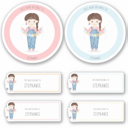 誕生日ガールインオーバーールズブルネット シール (正面)