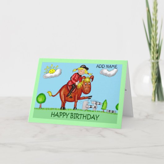 誕生日ガールオンホースカードの漫画のキャラクター カード (正面)