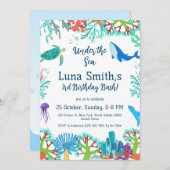 誕生日ガールカラフルシーアニマルズテーマパーティー 招待状 (正面/裏面)