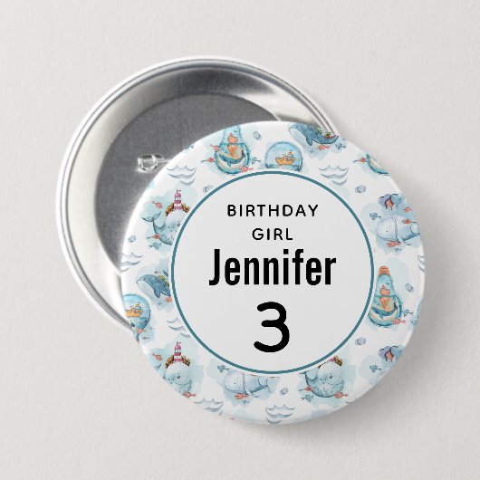 誕生日ガールキュート航海のクジラ模様 缶バッジ (正面&裏面)