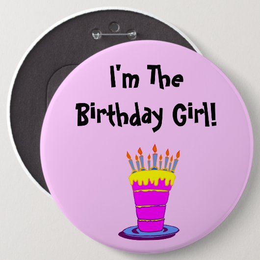 誕生日ガールジャイアントピンクケーキボタン 缶バッジ (正面&裏面)