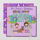誕生日ガールスリーポーバーパジャマパーティー 招待状 (正面/裏面)