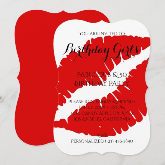 誕生日ガールズファブラス&50ブライトレッドリップスティック 招待状 (正面/裏面)