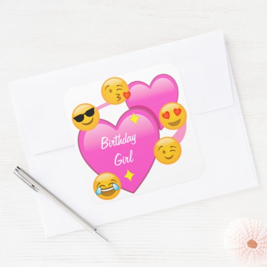 誕生日ガールハート&絵文字シール スクエアシール (封筒)