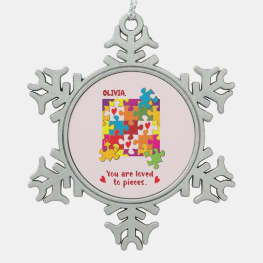 誕生日ガールパズルラブトゥピース スノーフレークピューターオーナメント (正面)