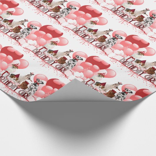 誕生日ガールパックの犬のピンクと赤 ラッピングペーパー (角)
