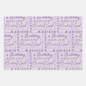 誕生日ガールパープルかわいい名前を追加パーソナライズされた ラッピングペーパーシート (正面)