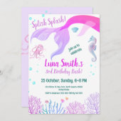 誕生日ガールパープルカラーシーアニマルズテーマ 招待状 (正面/裏面)