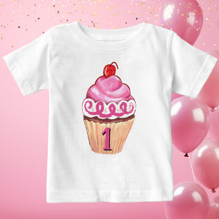 誕生日ガールピンクかわいいカップケーキ1 ベビーTシャツ