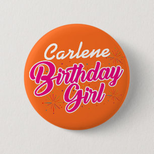 誕生日ガールピンクタイポグラフィNAME on ORANGE 缶バッジ