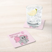 誕生日ガールピンクベビー象 スクエアペーパーコースター (インサイチュ)