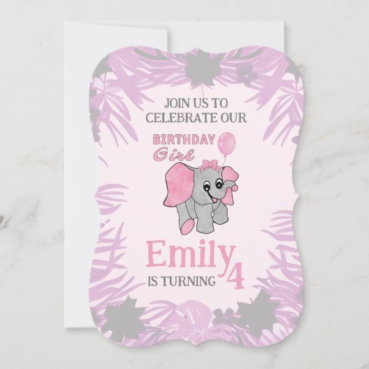 誕生日ガールピンクベビー象 招待状 (正面)