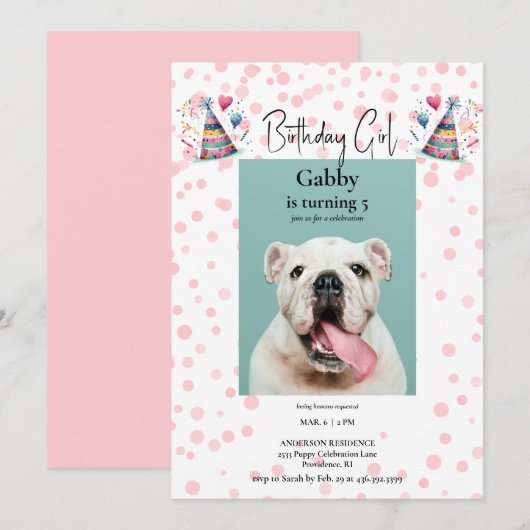 誕生日ガールピンクペットフォトバースデーパーティー 招待状 (正面/裏面)