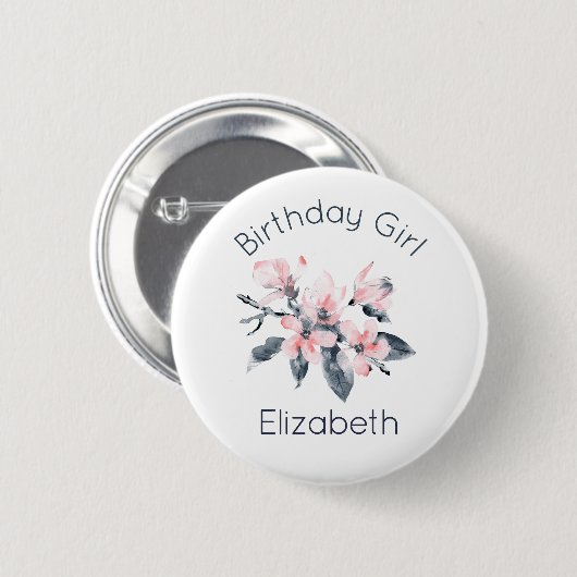 誕生日ガールピンク&グレーフラワーウォーター色 缶バッジ (正面&裏面)