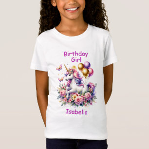 誕生日ガールピンク、紫と金ゴールドユニコーン Tシャツ