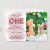 誕生日ガールフォトピンクバルーンタイポグラフィ 招待状 (正面)