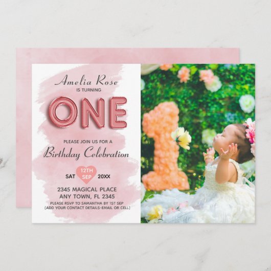 誕生日ガールフォトピンクバルーンタイポグラフィ 招待状 (正面/裏面)