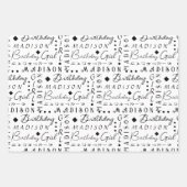 誕生日ガールブラックかわいい名前を追加パーソナライズされた ラッピングペーパーシート (正面)