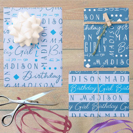 誕生日ガールブルーかわいい名前を追加パーソナライズされた ラッピングペーパーシート