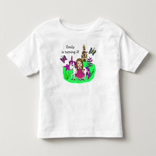 誕生日ガールプリンセスとユニコーン年齢と名前 トドラーTシャツ (正面)