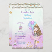 誕生日ガールプリンセスカップケーキバルーンラベンダー 招待状 (正面/裏面)