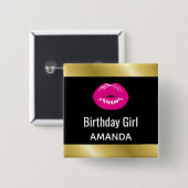 誕生日ガールホットピンクリップグラマラス 缶バッジ (正面&裏面)