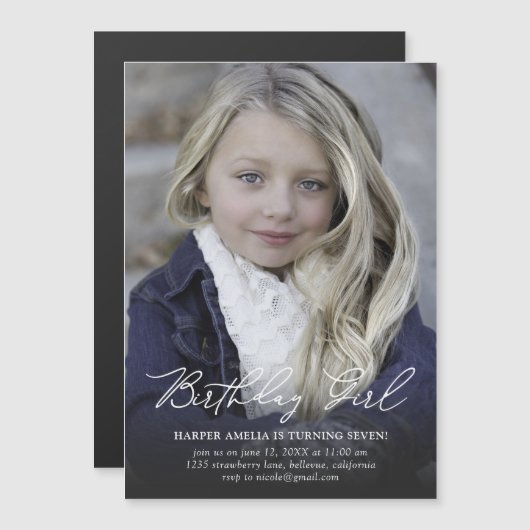 誕生日ガールモダン書道誕生日 マグネット招待状 (正面/裏面)