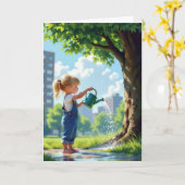 誕生日ガール市木に水を撒く カード (黄色い花)