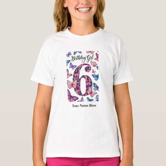 誕生日ガール第6誕生日シャツデザイン（ピンク） Tシャツ (正面)