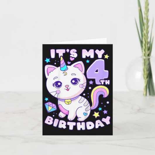 誕生日ガール4歳、猫、ユニコーン、4誕生 カード (正面)