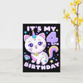 誕生日ガール4歳、猫、ユニコーン、4誕生 カード (黄色い花)