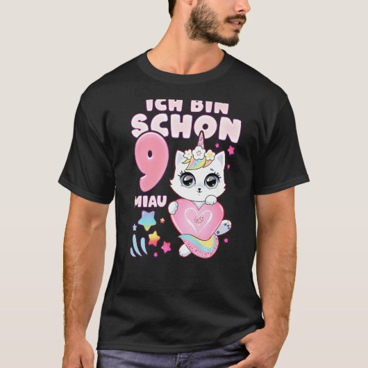 誕生日ガール9歳の猫ユニコーン（ドイツ） Tシャツ (正面)