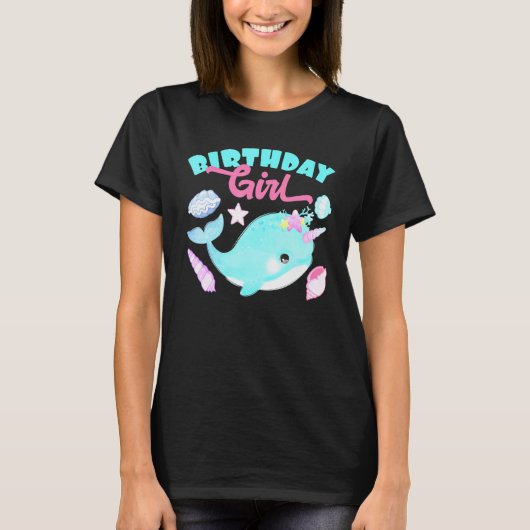 誕生日ガール ケーキ キャンドル 一角獣 動物 魚 Tシャツ (正面)