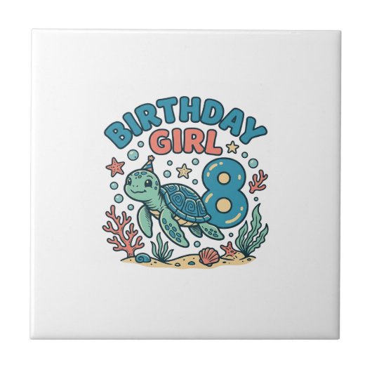 誕生日ガール シータートル 8歳の誕生日Tシャツデザイン タイル (正面)