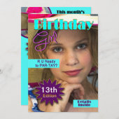 誕生日ガール – マグカル。表紙 – 写真の挿入 – 任意の年齢 招待状 (正面/裏面)