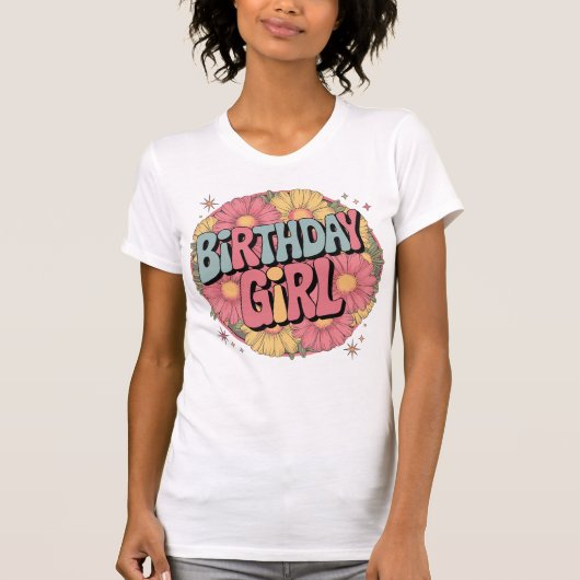 誕生日ガール – レトロフローラお祝い Tシャツ (正面)