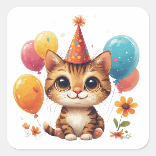 誕生日キティちゃん風船と花束 かわいい🎉 スクエアシール (正面)